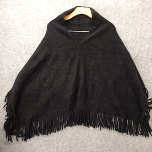 Garnet Hill Cashmere Poncho Sweater Womens Black Fringe Pullover Cape Drape OS